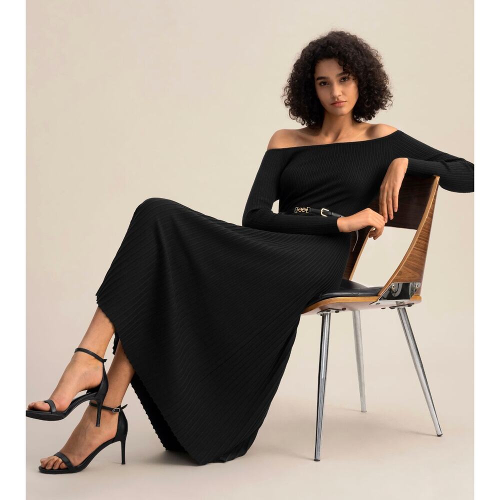 LilySilk black pleated silk knit Vivi midi dress